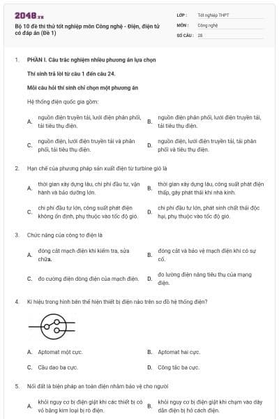 Bộ 10 đề thi thử tốt nghiệp môn Công nghệ - Điện, điện tử có đáp án (Đề 1)