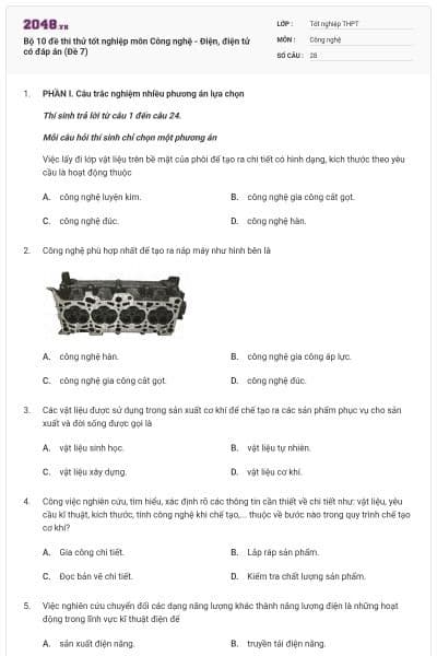 Bộ 10 đề thi thử tốt nghiệp môn Công nghệ - Điện, điện tử có đáp án (Đề 7)