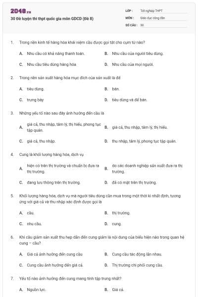 30 Đề luyện thi thpt quốc gia môn GDCD (Đề 8)