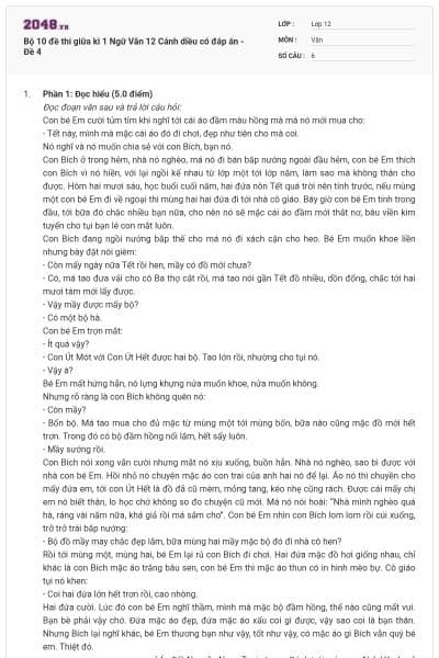 Bộ 10 đề thi giữa kì 1 Ngữ Văn 12 Cánh diều có đáp án - Đề 4