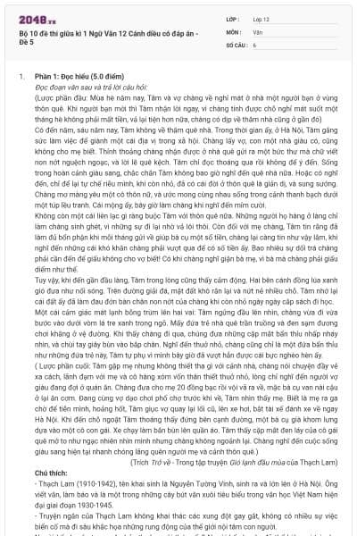 Bộ 10 đề thi giữa kì 1 Ngữ Văn 12 Cánh diều có đáp án - Đề 5