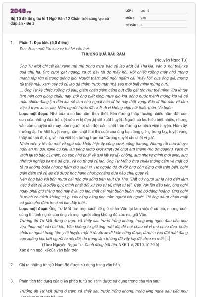 Bộ 10 đề thi giữa kì 1 Ngữ Văn 12 Chân trời sáng tạo có đáp án - Đề 3