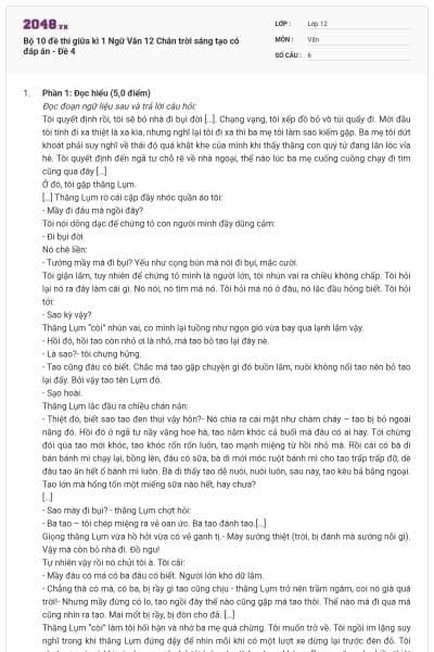 Bộ 10 đề thi giữa kì 1 Ngữ Văn 12 Chân trời sáng tạo có đáp án - Đề 4