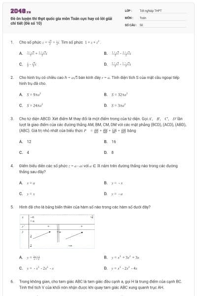 Đề ôn luyện thi thpt quốc gia môn Toán cực hay có lời giải chi tiết (Đề số 10)