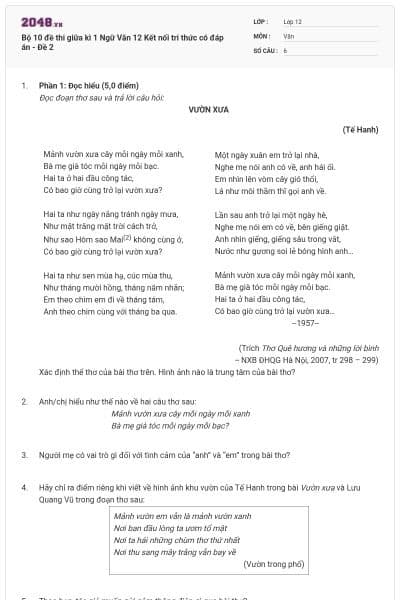 Bộ 10 đề thi giữa kì 1 Ngữ Văn 12 Kết nối tri thức có đáp án - Đề 2