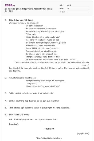 Bộ 10 đề thi giữa kì 1 Ngữ Văn 12 Kết nối tri thức có đáp án - Đề 3