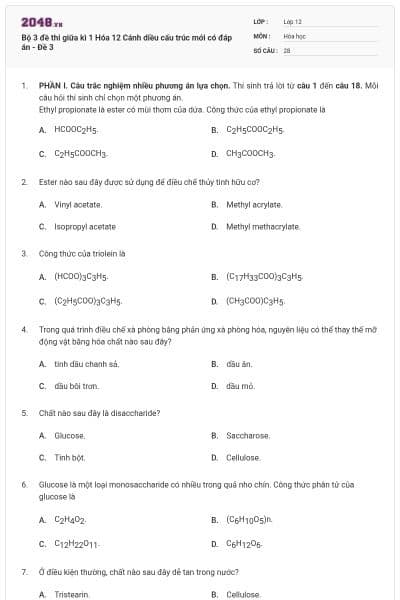 Bộ 3 đề thi giữa kì 1 Hóa 12 Cánh diều cấu trúc mới có đáp án - Đề 3