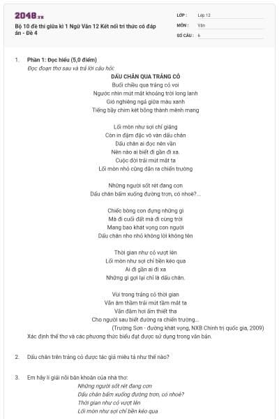 Bộ 10 đề thi giữa kì 1 Ngữ Văn 12 Kết nối tri thức có đáp án - Đề 4