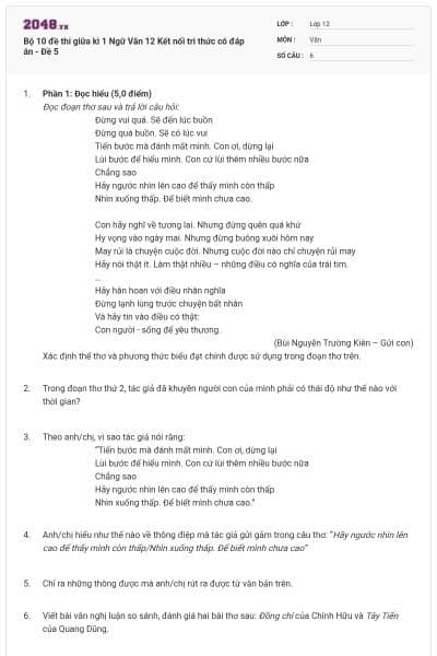 Bộ 10 đề thi giữa kì 1 Ngữ Văn 12 Kết nối tri thức có đáp án - Đề 5