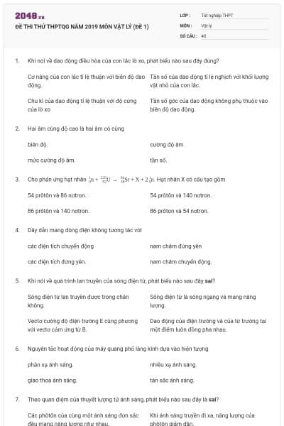 ĐỀ THI THỬ THPTQG NĂM 2019 MÔN VẬT LÝ (ĐỀ 1)