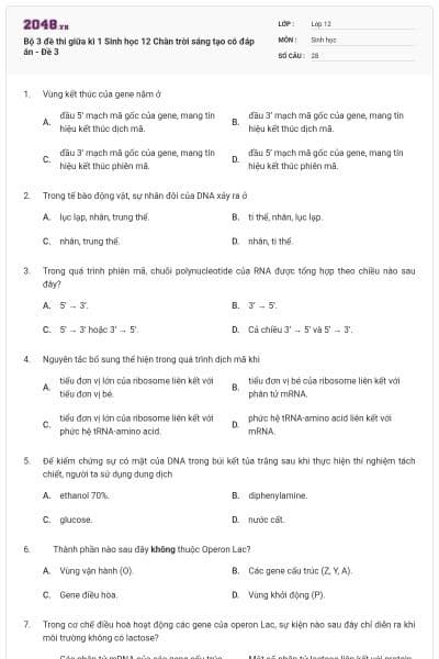 Bộ 3 đề thi giữa kì 1 Sinh học 12 Chân trời sáng tạo có đáp án - Đề 3