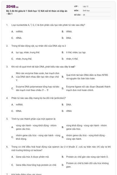 Bộ 3 đề thi giữa kì 1 Sinh học 12 Kết nối tri thức có đáp án - Đề 1