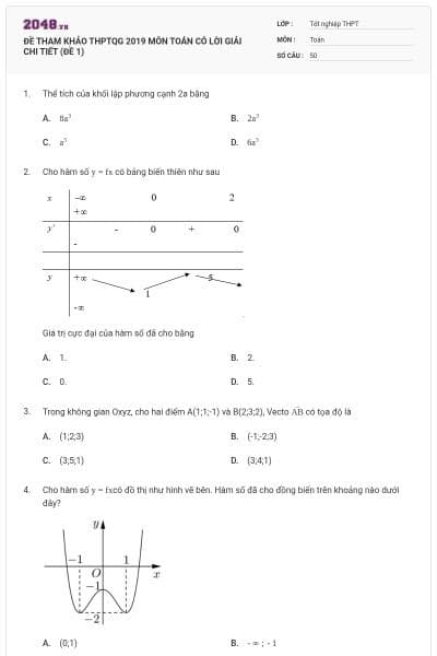 ĐỀ THAM KHẢO THPTQG 2019 MÔN TOÁN CÓ LỜI GIẢI CHI TIẾT (ĐỀ 1)