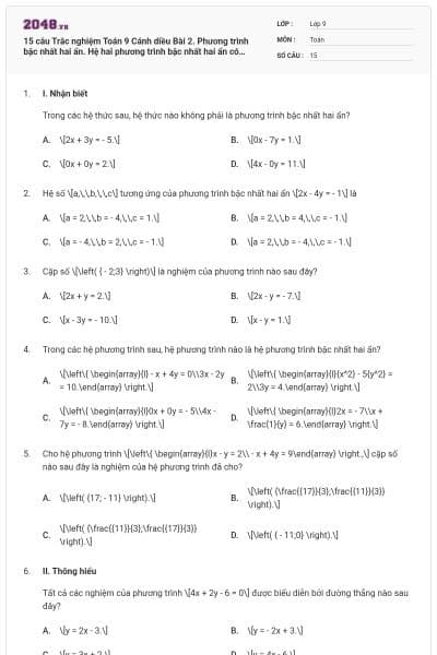 15 câu Trắc nghiệm Toán 9 Cánh diều Bài 2. Phương trình bậc nhất hai ẩn. Hệ hai phương trình bậc nhất hai ẩn có đáp án