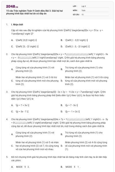 15 câu Trắc nghiệm Toán 9 Cánh diều Bài 3. Giải hệ hai phương trình bậc nhất hai ẩn có đáp án