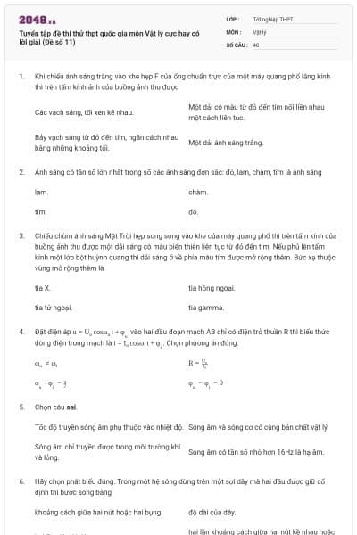 Tuyển tập đề thi thử thpt quốc gia môn Vật lý cực hay có lời giải (Đề số 11)