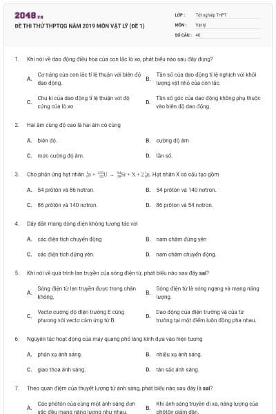 ĐỀ THI THỬ THPTQG NĂM 2019 MÔN VẬT LÝ (ĐỀ 1)