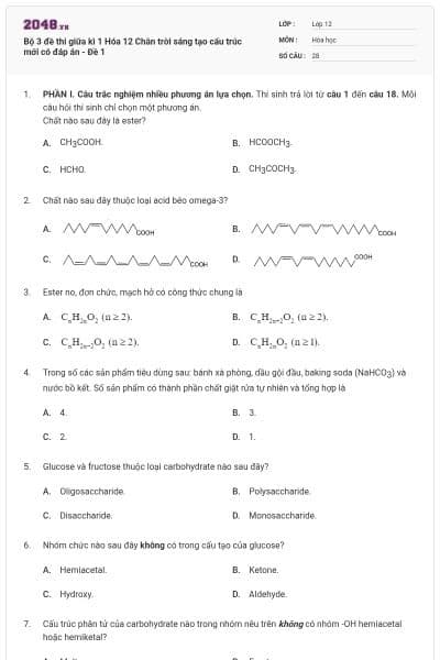 Bộ 3 đề thi giữa kì 1 Hóa 12 Chân trời sáng tạo cấu trúc mới có đáp án - Đề 1