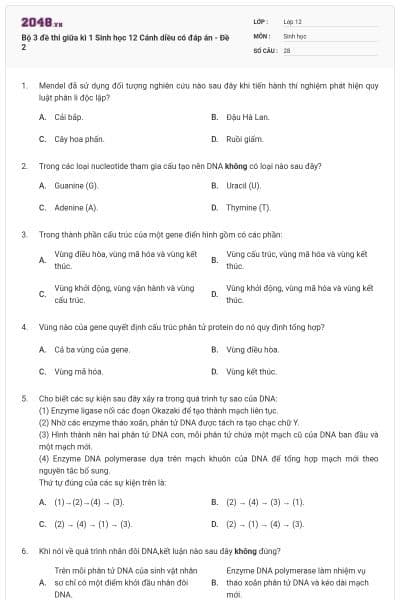 Bộ 3 đề thi giữa kì 1 Sinh học 12 Cánh diều có đáp án - Đề 2