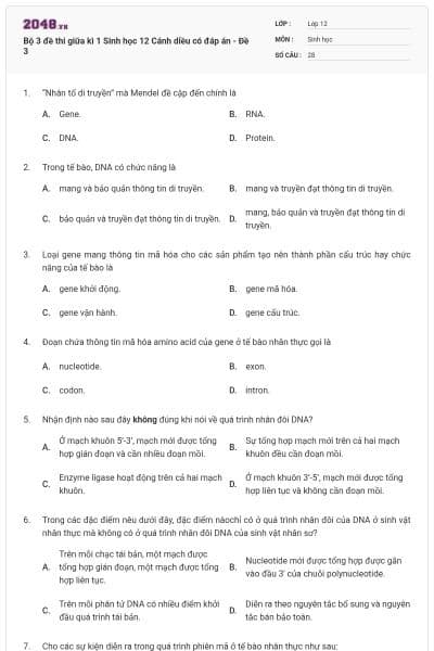 Bộ 3 đề thi giữa kì 1 Sinh học 12 Cánh diều có đáp án - Đề 3