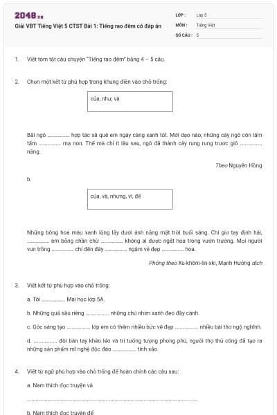 Giải VBT Tiếng Việt 5 CTST Bài 1: Tiếng rao đêm có đáp án