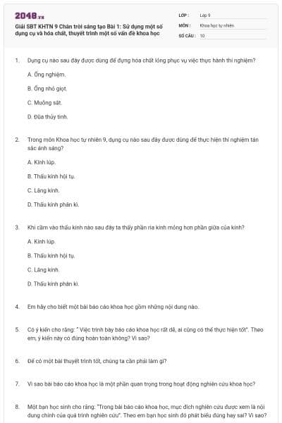 Giải SBT KHTN 9 Chân trời sáng tạo Bài 1: Sử dụng một số dụng cụ và hóa chất, thuyết trình một số vấn đề khoa học
