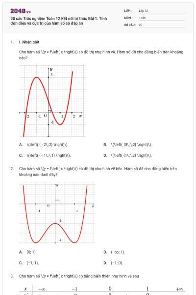 20 câu Trắc nghiệm Toán 12 Kết nối tri thức Bài 1: Tính đơn điệu và cực trị của hàm số có đáp án
