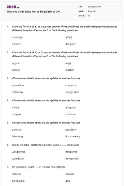 Tổng hợp đề thi Tiếng Anh có lời giải (Đề số 29)