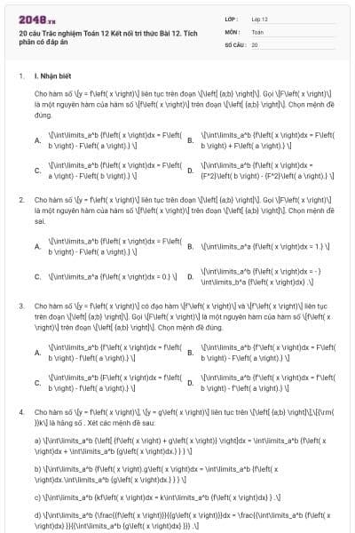 20 câu Trắc nghiệm Toán 12 Kết nối tri thức Bài 12. Tích phân có đáp án