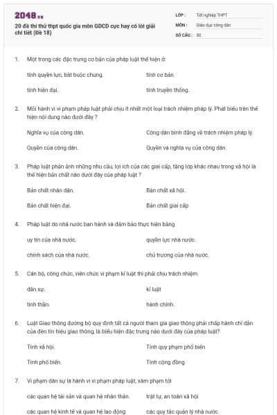 20 đề thi thử thpt quốc gia môn GDCD cực hay có lời giải chi tiết (Đề 18)