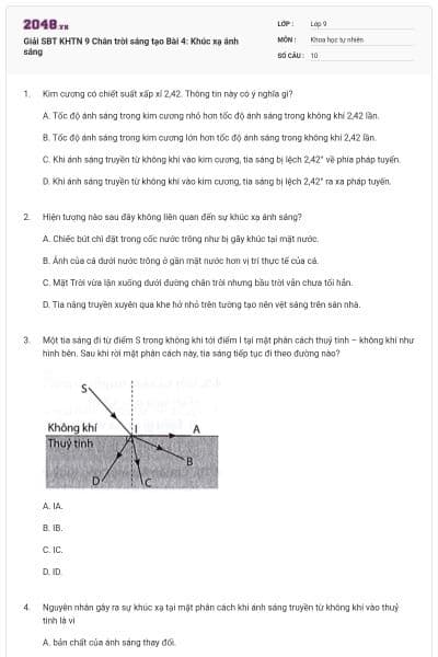 Giải SBT KHTN 9 Chân trời sáng tạo Bài 4: Khúc xạ ánh sáng
