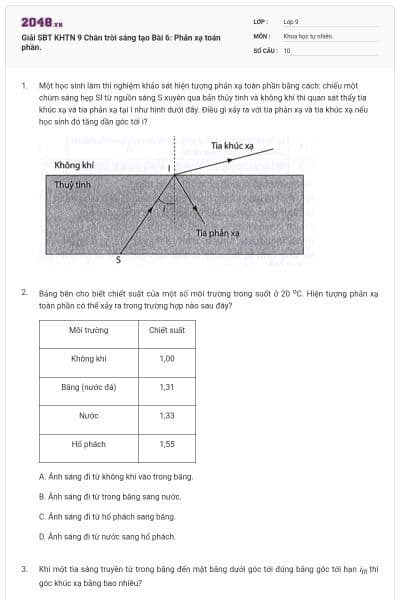 Giải SBT KHTN 9 Chân trời sáng tạo Bài 6: Phản xạ toán phần.