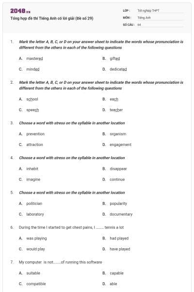 Tổng hợp đề thi Tiếng Anh có lời giải (Đề số 29)