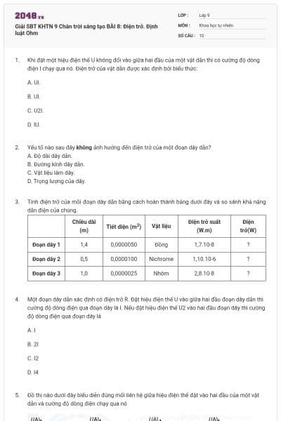 Giải SBT KHTN 9 Chân trời sáng tạo BÀI 8: Điện trở. Định luật Ohm
