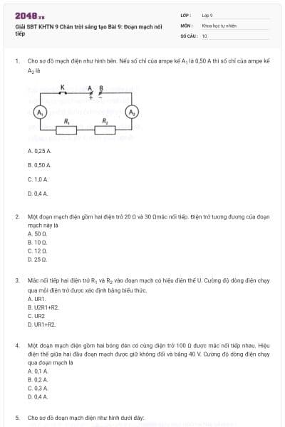 Giải SBT KHTN 9 Chân trời sáng tạo Bài 9: Đoạn mạch nối tiếp