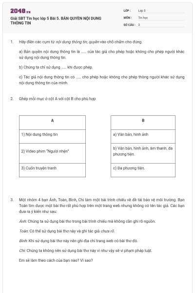 Giải SBT Tin học lớp 5 Bài 5. BẢN QUYỀN NỘI DUNG THÔNG TIN