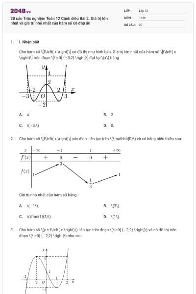 20 câu Trắc nghiệm Toán 12 Cánh diều Bài 2. Giá trị lớn nhất và giá trị nhỏ nhất của hàm số có đáp án