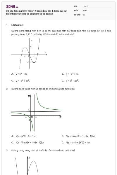 20 câu Trắc nghiệm Toán 12 Cánh diều Bài 4. Khảo sát sự biến thiên và vẽ đồ thị của hàm số có đáp án
