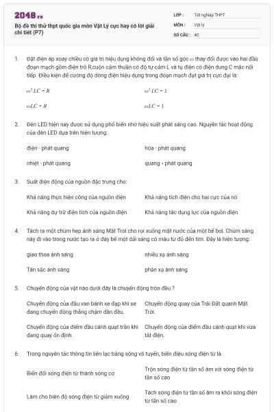 Bộ đề thi thử thpt quốc gia môn Vật Lý cực hay có lời giải chi tiết (P7)