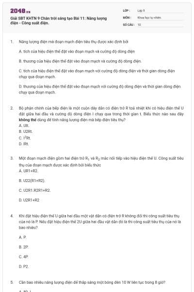 Giải SBT KHTN 9 Chân trời sáng tạo Bài 11: Năng lượng điện - Công suất điện.