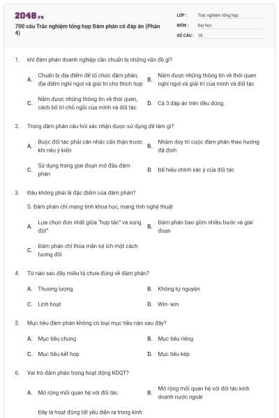 700 câu Trắc nghiệm tổng hợp Đàm phán có đáp án (Phần 4)