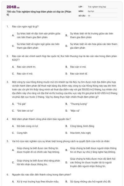 700 câu Trắc nghiệm tổng hợp Đàm phán có đáp án (Phần 6)