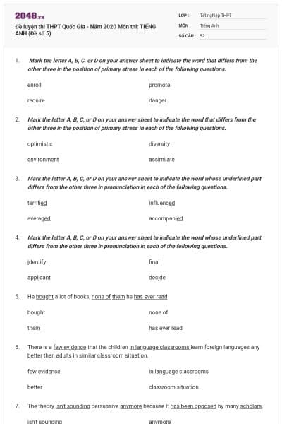 Đề luyện thi THPT Quốc Gia - Năm 2020 Môn thi: TIẾNG ANH (Đề số 5)