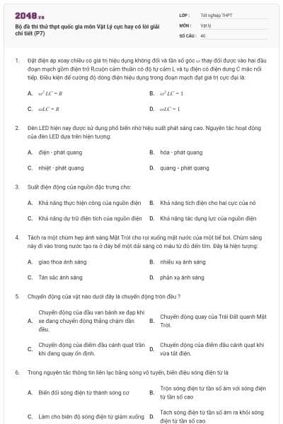 Bộ đề thi thử thpt quốc gia môn Vật Lý cực hay có lời giải chi tiết (P7)