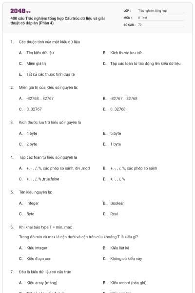 400 câu Trắc nghiệm tổng hợp Cấu trúc dữ liệu và giải thuật có đáp án (Phần 4)