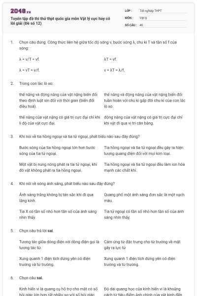 Tuyển tập đề thi thử thpt quốc gia môn Vật lý cực hay có lời giải (Đề số 12)