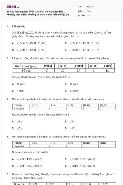 20 câu Trắc nghiệm Toán 12 Chân trời sáng tạo Bài 1. Khoảng biến thiên, khoảng tứ phân vị của mẫu số liệu ghép nhóm có đáp án