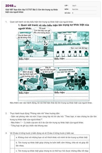 Giải VBT Đạo đức lớp 5 CTST Bài 3: Em tôn trọng sự khác biệt của người khác