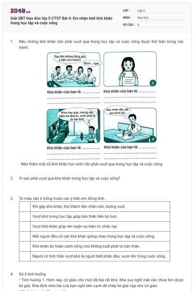 Giải SBT Đạo đức lớp 5 CTST Bài 4: Em nhận biết khó khăn trong học tập và cuộc sống