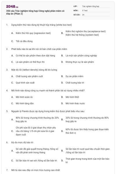 350 câu Trắc nghiệm tổng hợp Công nghệ phần mềm có đáp án (Phần 2)